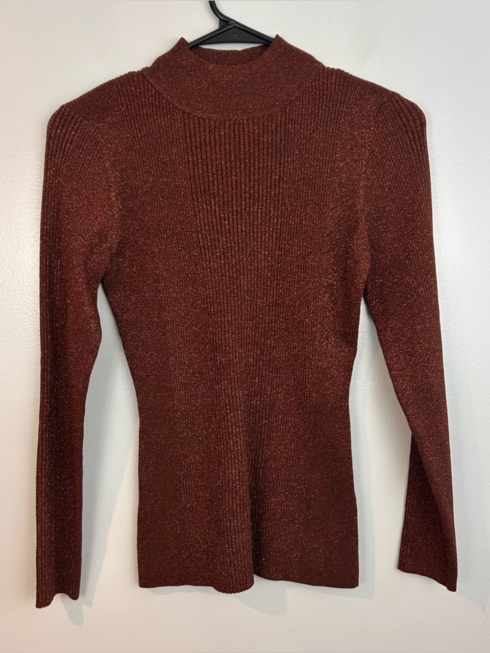 NWT Karen Millen Sparkle Knit Long Sleeve Funnel Neck Rust Copper Top Medium